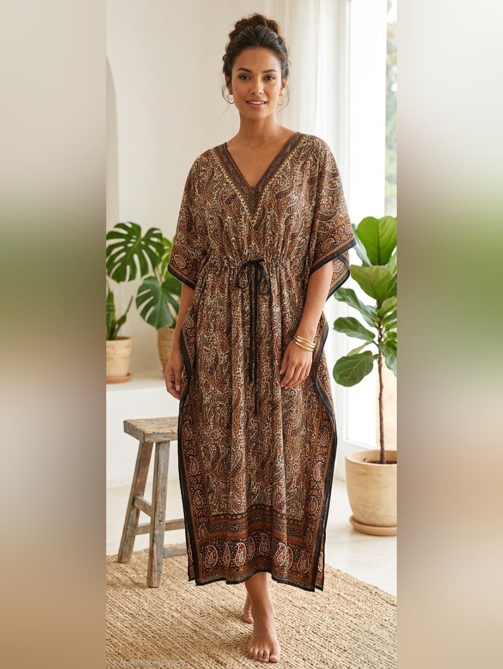Boho Paisley Print Maxi Kaftan Dress V-Neck Drawstring One Size Viscose India